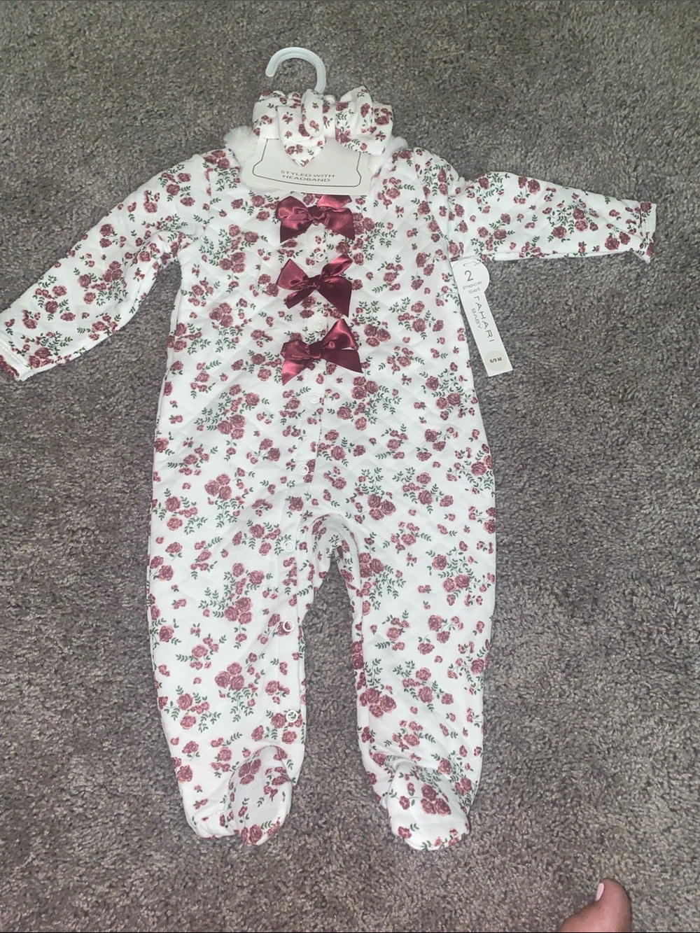 Tahari White Floral Footed One-Piece with Pink Bows